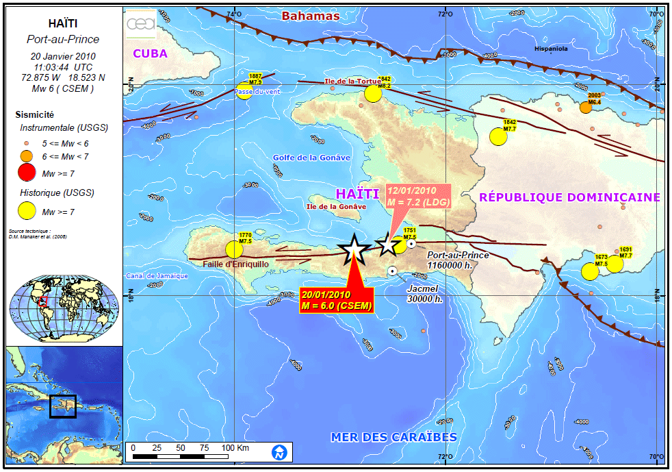 Carte dHati indiquant le sisme de magnitude 7,2 du 12/01/2010 et la rplique de magnitude 6,0 du 20/01/2010. La sismicit historique en jaune et orange et les zones de failles sont galement montres.