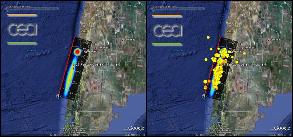 On the left, location of the slip zone (multicoloured ellipse). On the right, location of the aftershocks