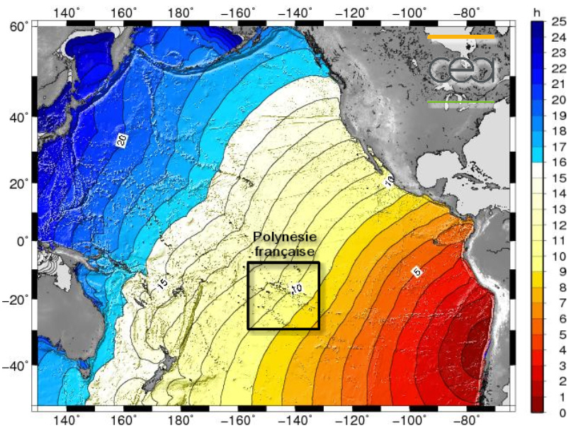Theoretical travel times of the tsunami in hours after the onset of the earthquake.