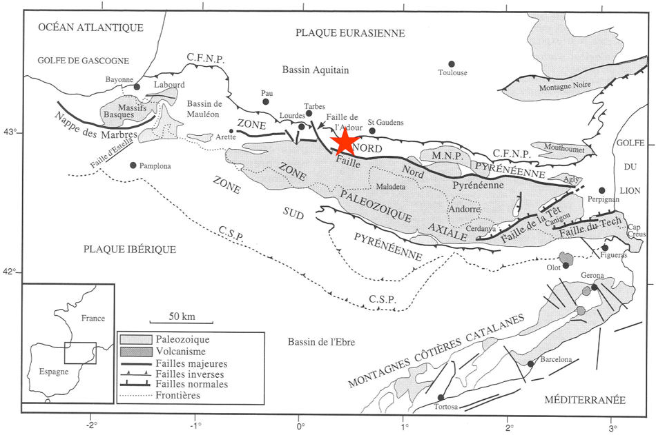 Carte structurale de lorogne pyrnen en France. (Mattauer et Henry, 1974). Etoile rouge: localisation de lpicentre du sisme du 1 avril 2010 dans les Hautes-Pyrnes (Bagnres-de-Bigorre).