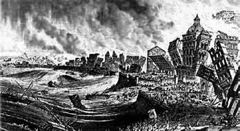 Gravure du 18me sicle montrant le tsunami qui ravagea Lisbonne le 1er novembre 1755.