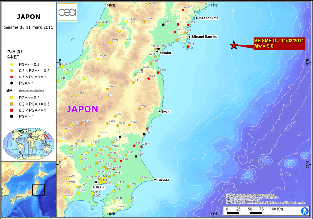 Map showing peaks of acceleration measured on the network of accelerometers in Japan. 