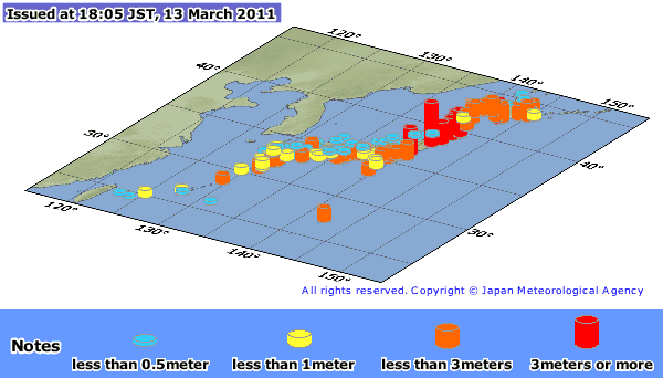 Map showing  heights of the tsunami measured by tide-gauge stations in Japan (source JMA).