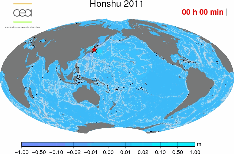 Animation simulating  propagation of the tsunami across the Pacific Ocean.