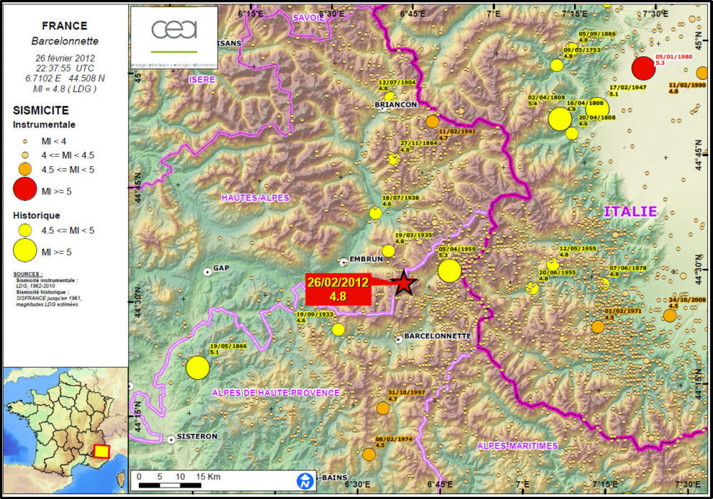 Localisation de l'vnement du 26 fvrier 2012  22h37 TU (toile rouge) et de la sismicit historique (points jaunes) et instrumentale de la base de donnes du LDG.
