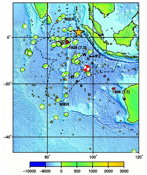Known intraplate seismicity since 1904 in the Wharton Basin.