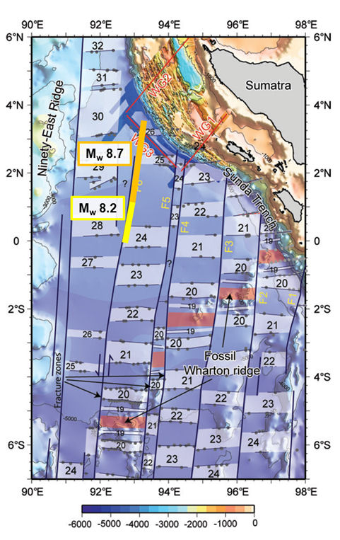 Bathymtrie et anomalies magntiques dans le Bassin de Wharton. Les ruptures Mw 8.7 et Mw 8.2 se situent dans le nord du Bassin, proches d'une ancienne zone de fracture ractive (adapt de Singh et al., 2011).