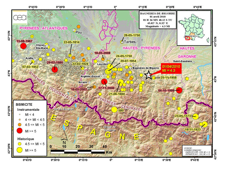 Localisation de l'événement du 01/04/2010 à 03h36 T.U. (étoile blanche) et de la sismicité instrumentale (points rouges) et historique (points jaunes).