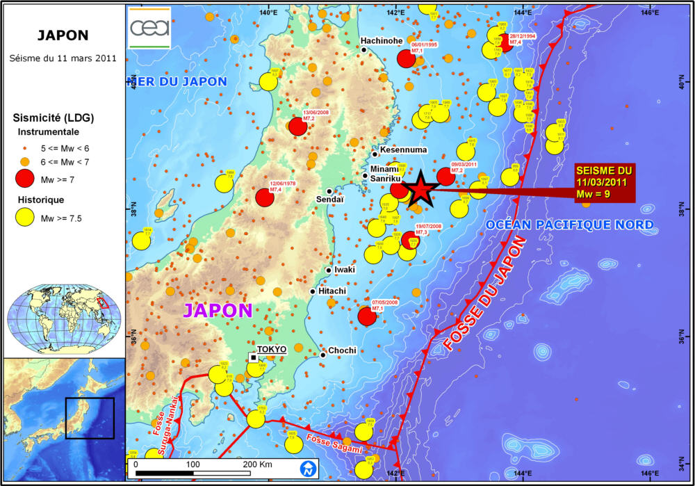 Carte de la sismicité historique du Nord-Est du Japon.