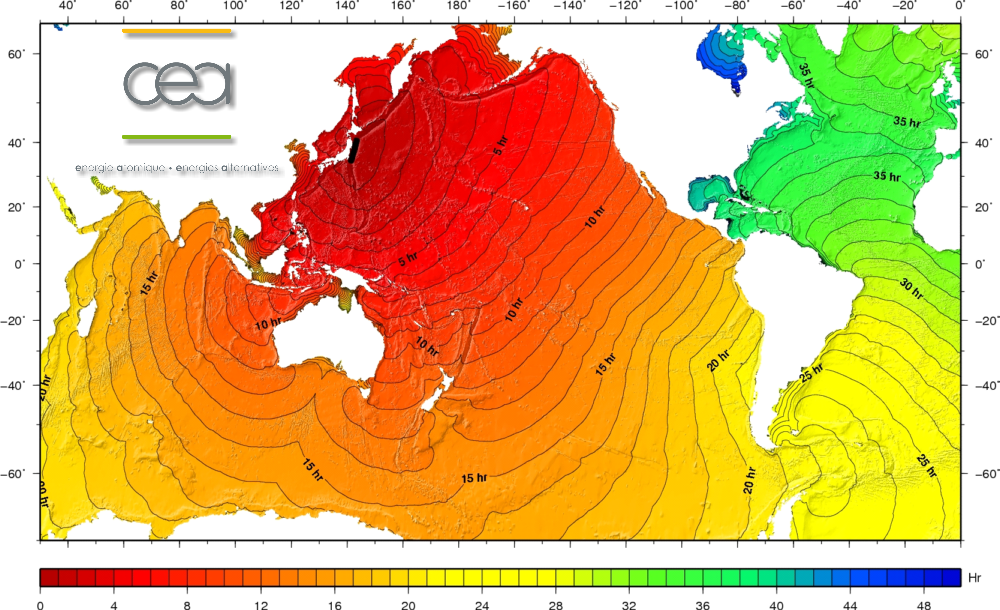 Carte des temps de propagation du tsunami à travers les océans en considérant le modèle de faille comme une ligne de points de source (source CEA/DAM, simulation réalisée avec le logiciel TTT (GeoWare)).