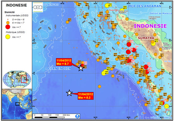 Carte de la sismicité historique de la zone Nord-Est de l’Océan Indien et du Nord Sumatra.