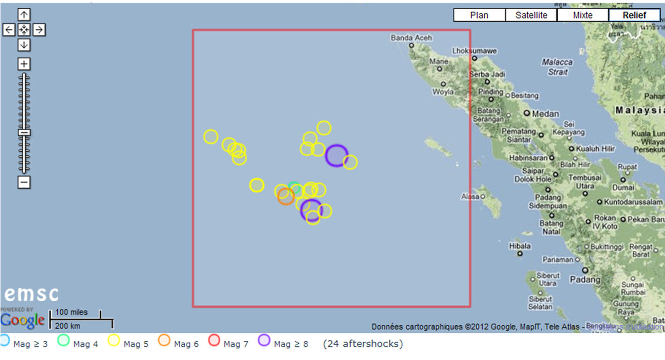 Carte préliminaire des répliques du 11 Avril 2012 à 15h00 UTC (information disponible en temps réel au Centre de Sismologie Euro-Méditerranéen)