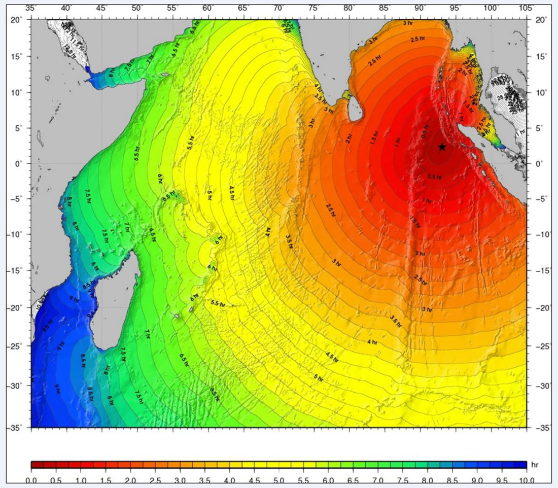 Carte des temps de propagation du tsunami à travers l’Océan Indien en considérant le modèle de faille comme une ligne de points de source (source CEA/DAM, simulation réalisée avec le logiciel TTT (GeoWare).